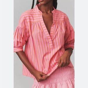 Anthropologie Darcey Popover Swing Top Size XXS Pink Stripe Cotton Baggy Breezy